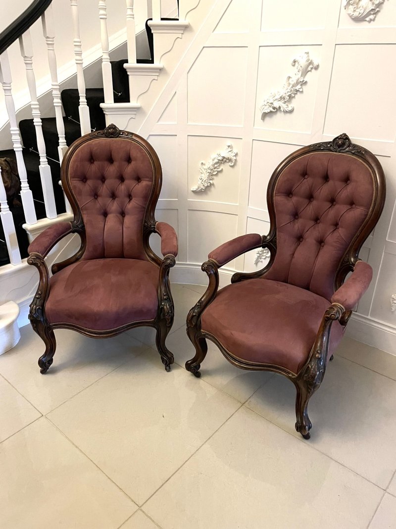 Unusual Pair of Antique Victorian Quality Carved Walnut Armchairs - Image 3